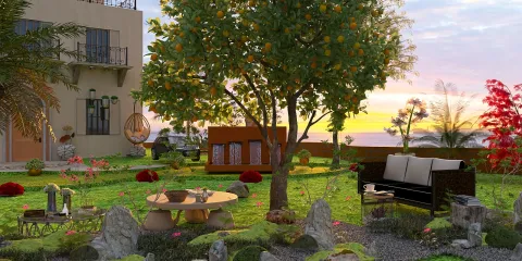 lush garden space with a citrus tree and elegant outdoor furniture, showcasing a relaxing atmosphere in a natural setting, featuring Homestyler's real-time 3D rendering capabilities for an accurate design preview.