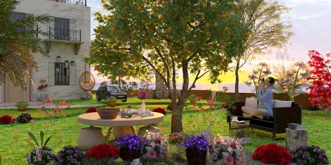 lush garden with a seating area and decorative plants, showcasing outdoor design elements, utilizing Homestyler's real-time 3D rendering for an immersive preview.