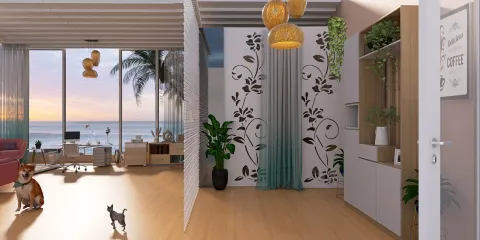 A spacious living room featuring a dog and a cat, showcasing a modern interior design with a beach view, incorporating smart furniture arrangement for optimal small space utilization with Homestyler's real-time 3D rendering.