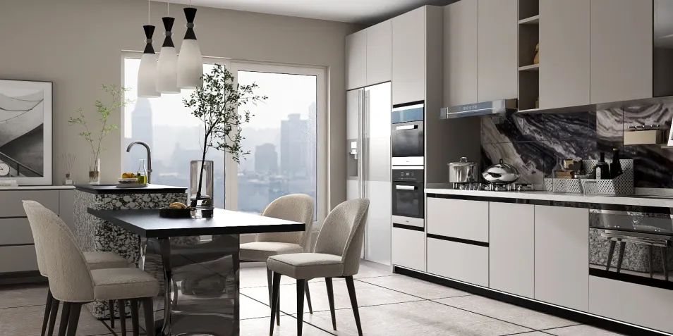 modern kitchen with elegant furniture arrangement showcasing a sleek design style, creating an optimized space for cooking and dining using Homestyler's smart furniture placement feature