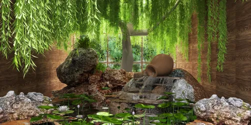 Beautiful pond inside a wooden room