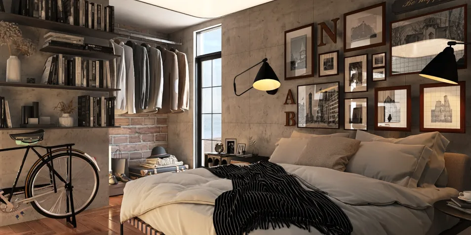 cozy bedroom with stylish decor and organized wardrobe displaying warm modern design and optimizing small space with smart furniture arrangement using Homestyler's real-time 3D rendering feature