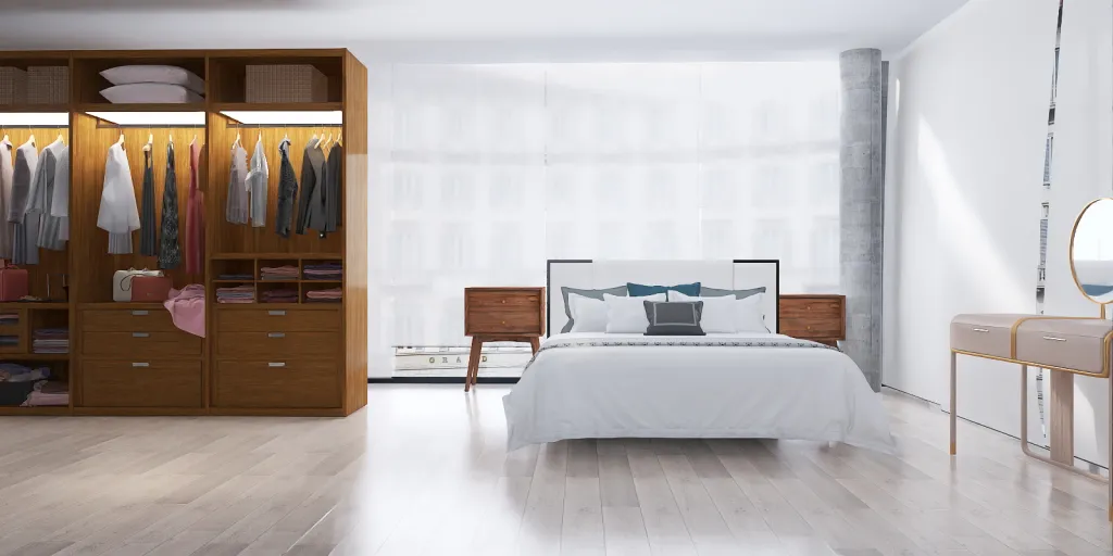 a bedroom with a bed, chair, and a dresser 