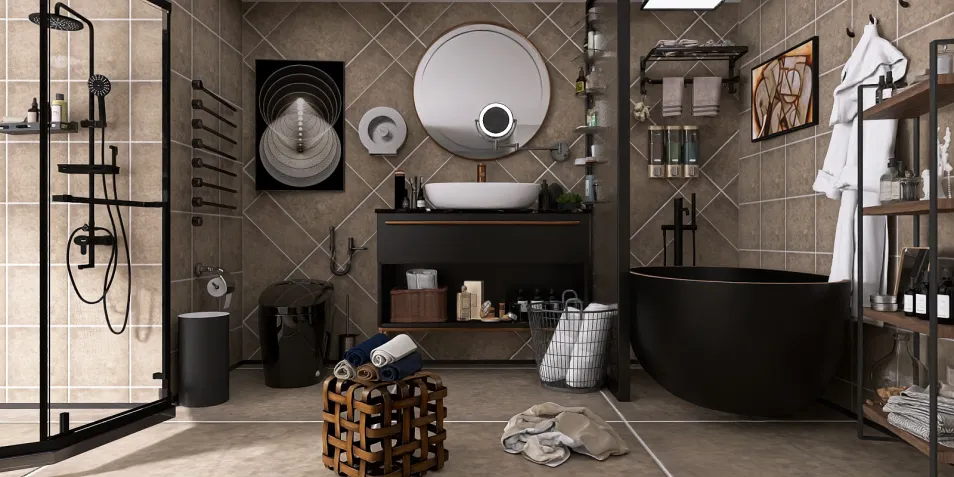 modern bathroom featuring a stylish black freestanding tub and a minimalist sink setup, showcasing an elegant industrial design with earthy tones and textures, utilizing Homestyler's real-time 3D rendering for enhanced design visualization.