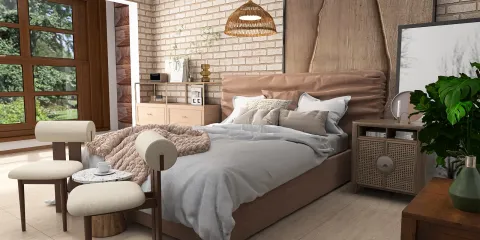 cozy bedroom design featuring a soft bed and warm lighting, showcasing modern interior decor with a natural style, utilizing Homestyler's real-time 3D rendering feature for an immersive preview.