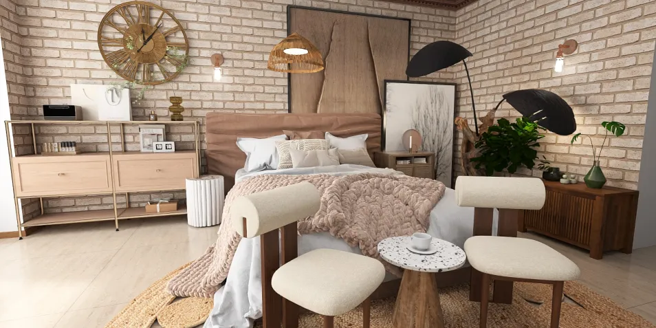 Cozy bedroom featuring a warm color palette and textured wall design, showcasing interior decor with smart furniture arrangement for space optimization, utilizing Homestyler's real-time 3D rendering for design proposals.