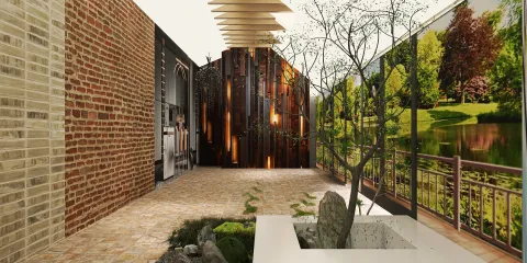 A modern indoor garden with natural stone elements and wooden accents, featuring a harmony of indoor plants and a landscape mural, ideal for enhancing home ambiance through Homestyler's real-time 3D rendering.