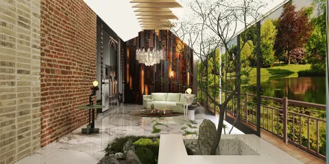 living room with a natural theme featuring a green sofa and decorative plants, designed using Homestyler's real-time 3D rendering for an immersive interior space experience.