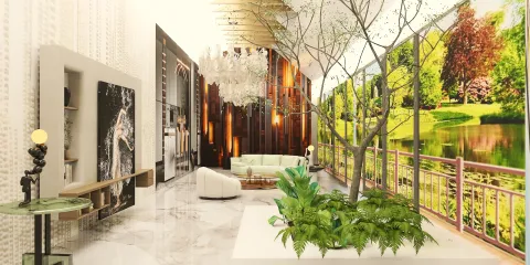 modern living room design featuring a natural theme with panoramic views, showcasing the use of Homestyler's real-time 3D rendering for instant visualization of decor elements.