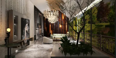 interior space showcasing a modern living room design with a vibrant tree, incorporating a harmonious blend of green and brown tones, utilizing Homestyler's real-time 3D rendering feature for an immersive decor experience.