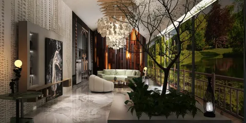 Modern living room showcasing a vibrant indoor garden and elegant furniture arrangement in a contemporary style, utilizing Homestyler's real-time 3D rendering feature for a quick design preview.