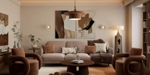 Modern living room design showcasing a cozy sofa arrangement with stylish decor accents, emphasizing interior decor optimization using Homestyler's real-time 3D rendering feature.