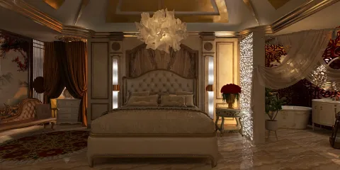 luxurious bedroom design featuring a grand bed and elegant decor showcasing an opulent atmosphere with a contemporary twist, utilizing Homestyler's real-time 3D rendering feature for a visual preview.