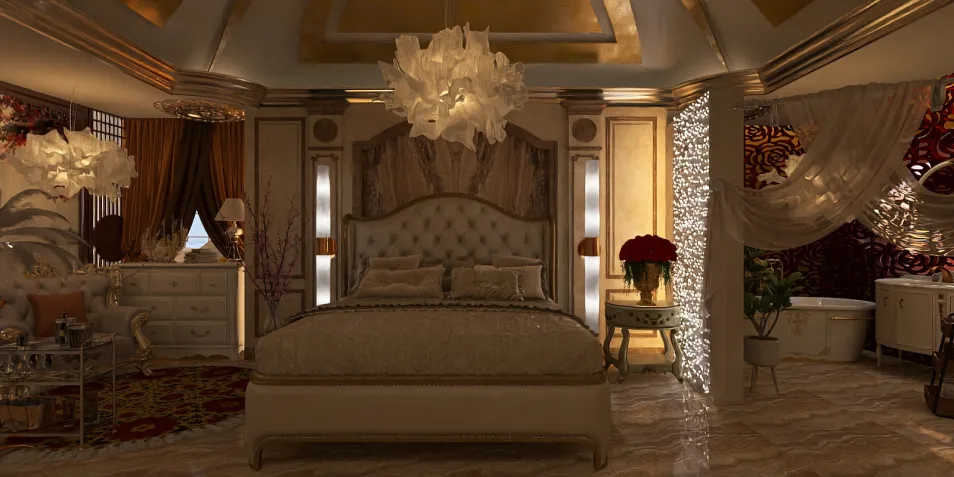 luxurious bedroom design featuring a grand bed and elegant lighting in a sophisticated style, showcasing interior decor expertise with Homestyler's real-time 3D rendering feature.