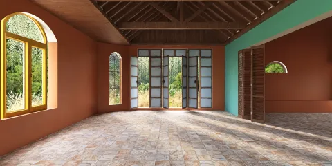 Spacious interior design showcasing a modern open layout with brown and turquoise accents, utilizing Homestyler's real-time 3D rendering feature for effective space visualization.