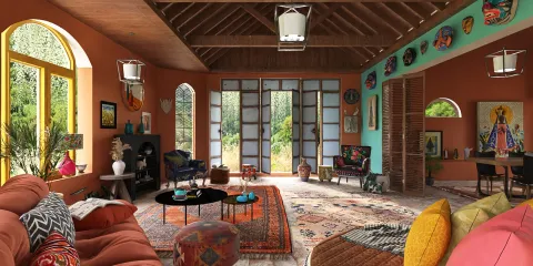 cozy living room with vibrant furnishings arranging for optimal comfort in bohemian style showcasing interior decor ideas, utilizing Homestyler's real-time 3D rendering feature.