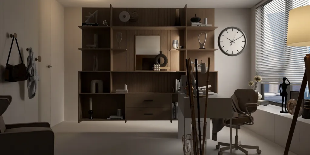 a kitchen with a clock and a desk 