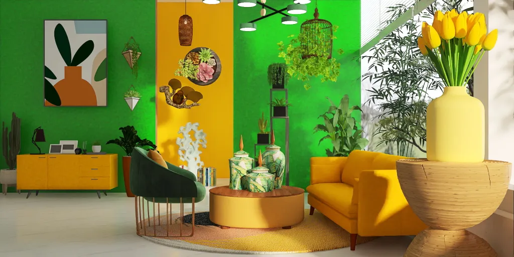 a living room filled with colorful plants and flowers 