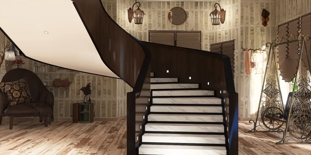 a large staircase leading to a living room 