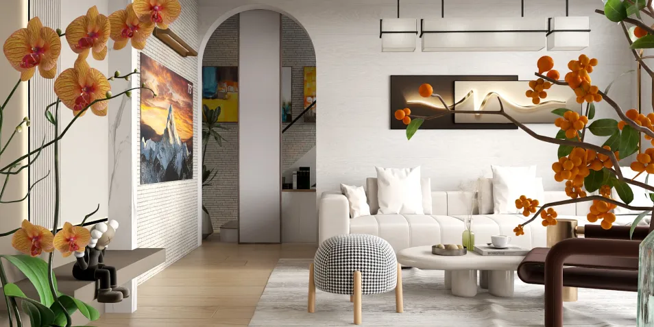 modern living room with floral decor featuring an elegant sofa arrangement, showcasing a cozy and inviting atmosphere with smart furniture placement, optimized for small space design using Homestyler's real-time 3D rendering functionality