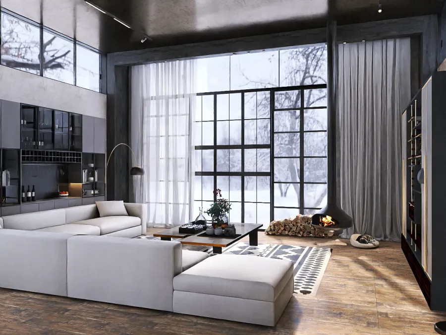 a living room with a couch, coffee table and a window 