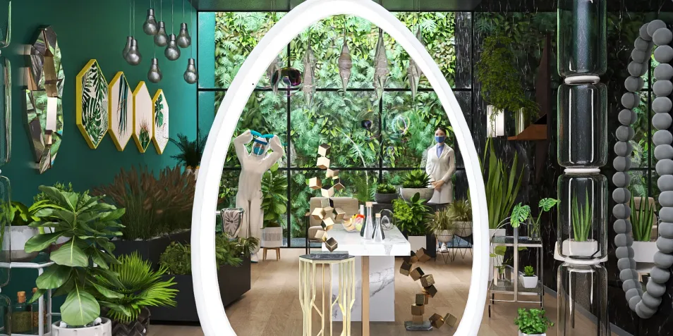 Lush indoor garden featuring a stylish oval mirror, vibrant green plants, and modern decor highlights, showcasing interior design concepts with Homestyler's real-time 3D rendering features.