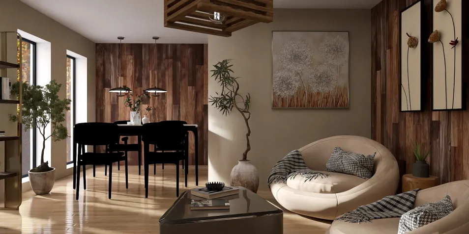 modern living room with cozy seating and wooden accents featuring smart furniture arrangement optimizing small space using Homestyler's 3D rendering capabilities
