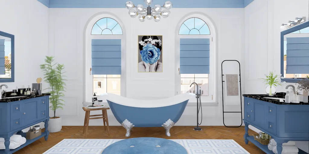 a bath room with a blue tub and a white dog 