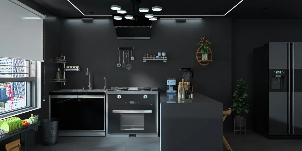 a kitchen with a refrigerator, microwave, and a table 