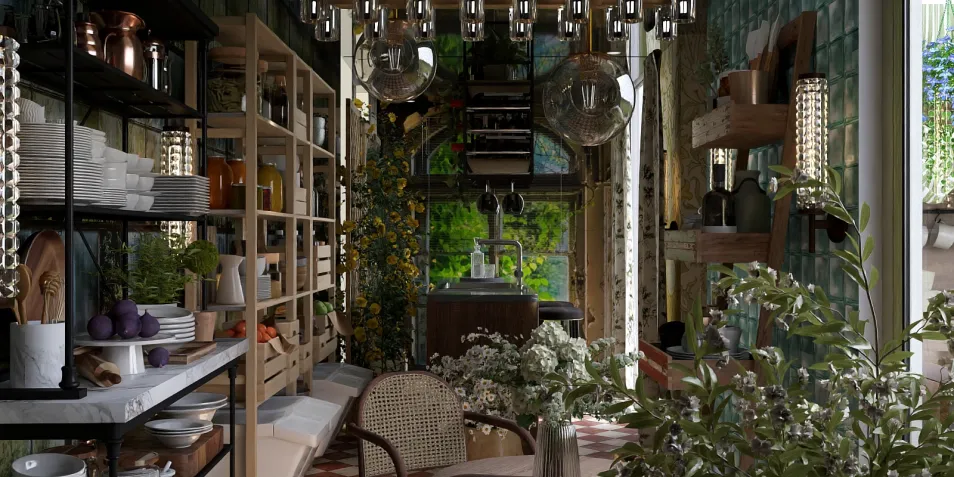 kitchen interior design featuring open shelving arrangement with decorative plants, enhancing the space's functionality and aesthetics through Homestyler's real-time 3D rendering.