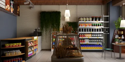 grocery store interior featuring organized shelving and a display case, showcasing a modern design style, highlighting interior decor with Homestyler's real-time 3D rendering feature.