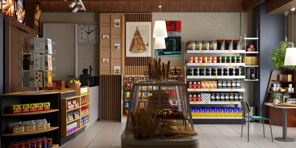 cozy grocery store interior showcasing grocery shelves and display cases in modern design, utilizing Homestyler's real-time 3D rendering for quick design proposals.