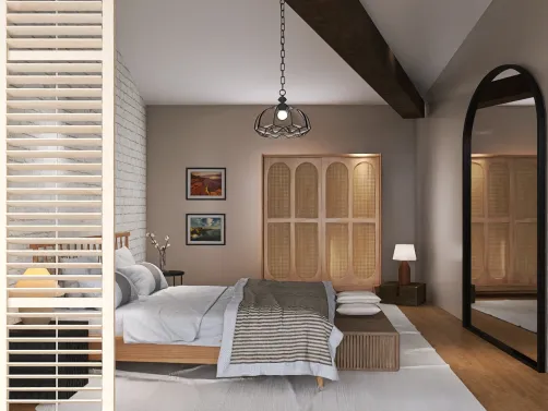 bedroom interior design featuring a cozy layout with a wooden bed and a large mirror, showcasing a modern rustic style that emphasizes space functionality using smart furniture arrangement with Homestyler's real-time 3D rendering.