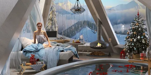 cozy bedroom with winter view featuring a woman relaxing on a bed, designed in a modern chalet style, highlighting interior decor ideas using Homestyler's real-time 3D rendering feature