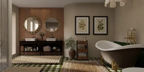 Elegant bathroom featuring double sinks and round mirrors, showcasing a modern rustic design with botanical artwork, utilizing Homestyler's real-time 3D rendering for effective interior decor visualization.