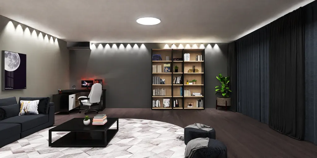 a living room with a large open bookcase 