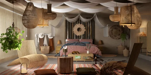 bohemian bedroom design showcasing a cozy atmosphere with natural textures and materials, featuring a soft color palette, optimized space for relaxation and comfort, utilizing Homestyler's real-time 3D rendering functionality