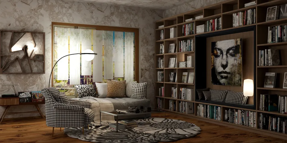 cozy living room with a modern sectional sofa and an artistic bookshelf design showcasing a collection of books and decor, featuring a contemporary black and white art piece, enhanced by Homestyler's real-time 3D rendering for interior decor visualization.