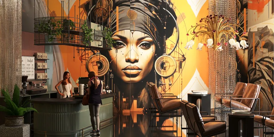 lobby design featuring a large mural of a woman, showcasing an artistic style with vibrant colors, emphasizing a modern and luxurious atmosphere, utilizing Homestyler's real-time 3D rendering for design preview.