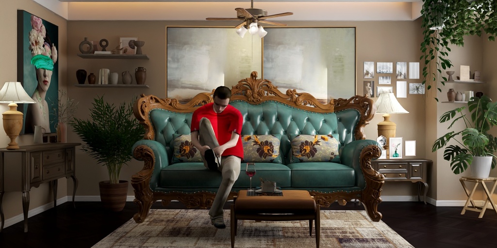 a man in a red shirt is standing in a living room 