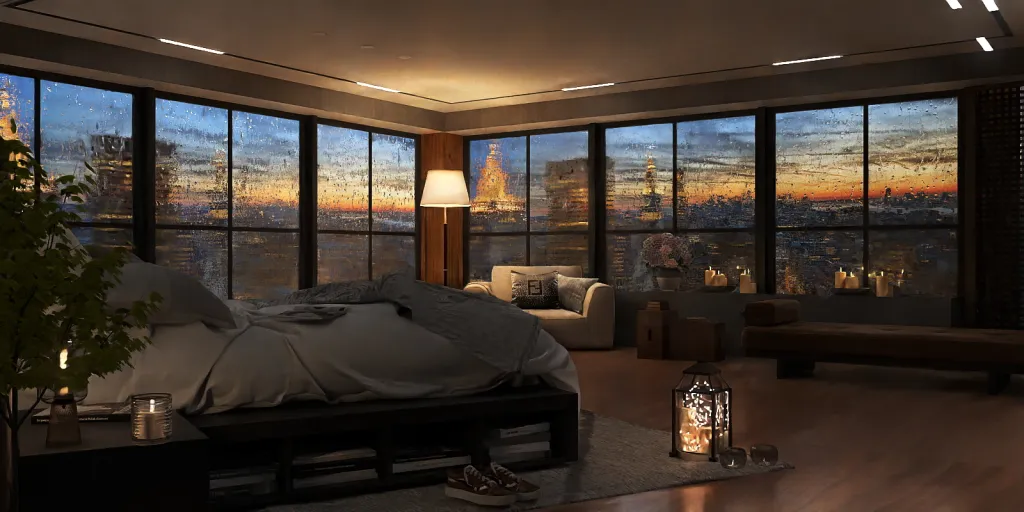a living room with a large window and a large bed 
