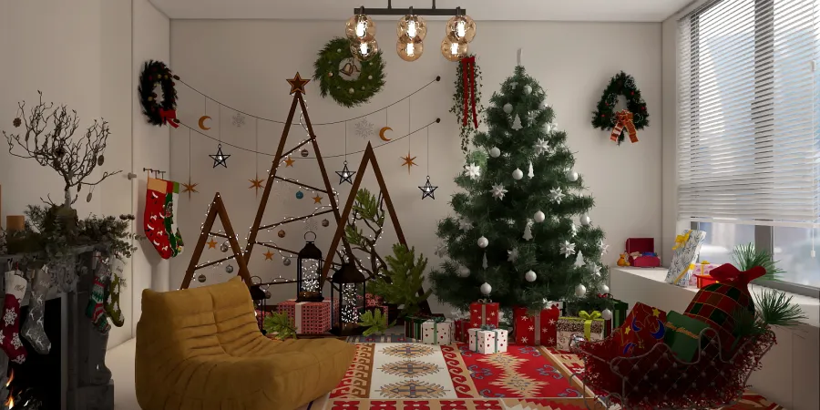 a christmas tree is in a living room 