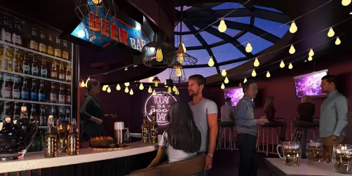 modern bar interior design featuring a lively atmosphere with guests socializing and enjoying drinks, showcasing real-time 3D rendering capabilities of Homestyler