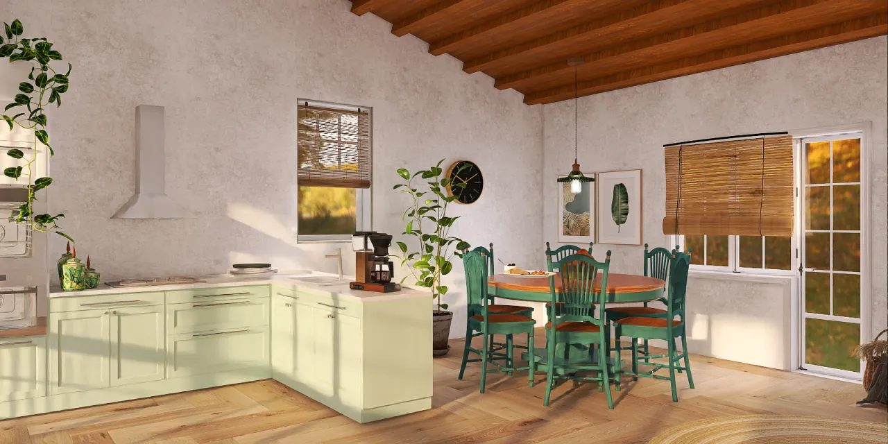 a kitchen with a table and chairs and a refrigerator 