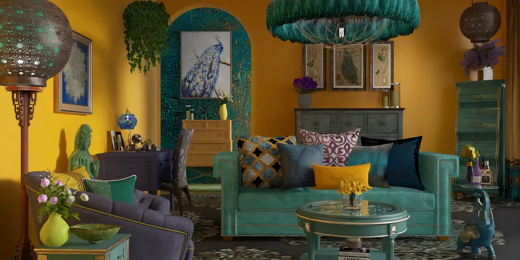 a living room filled with furniture and a blue couch 