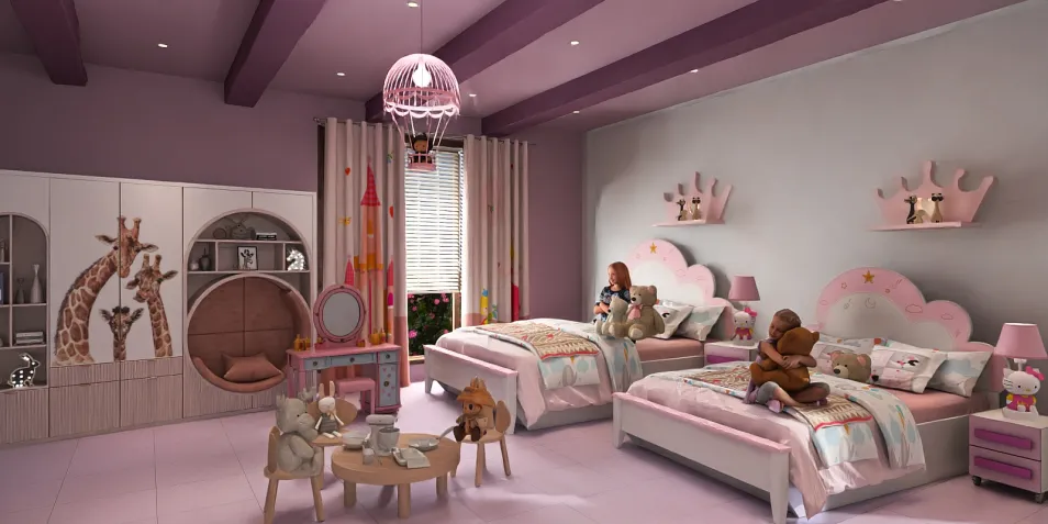 children's bedroom with two beds and playful decor featuring stuffed animals and pastel colors, designed using Homestyler's real-time 3D rendering feature for visualizing interior design.