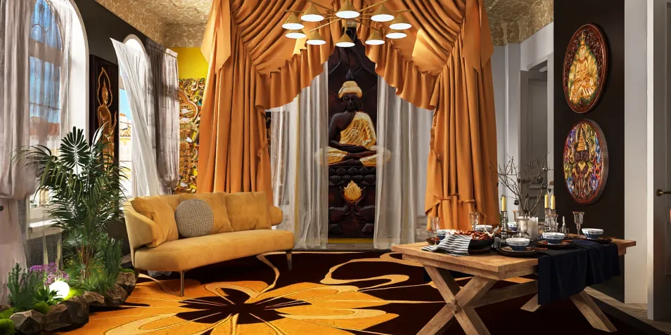 vibrant living room with elegant drapery and inviting furniture arrangement in a modern style, featuring a cozy ambiance and warm color palette designed using Homestyler's real-time 3D rendering feature.