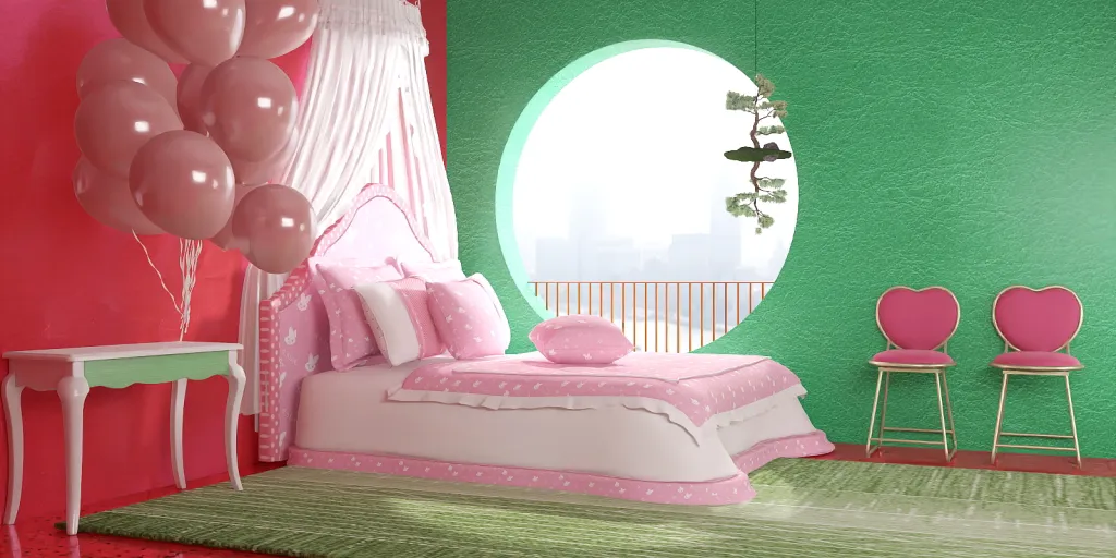 a pink bed with a pink bedspread and a pink chair 