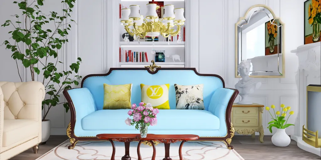 a living room with a couch, chair, and a vase 