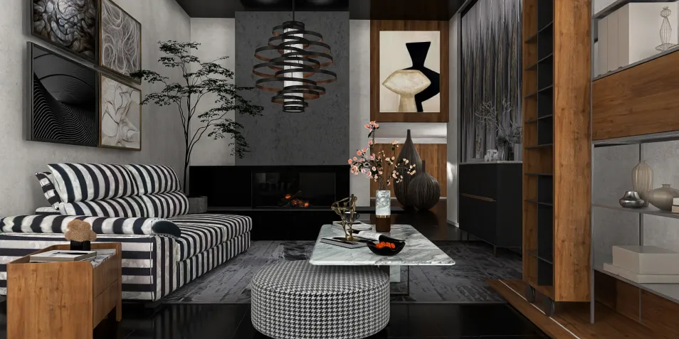 modern living room design showcasing a striped sofa arrangement with a stylish coffee table, featuring a contemporary aesthetic and highlighting smart furniture placement using Homestyler's real-time 3D rendering.
